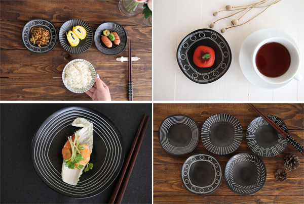 블랙 에가와리 플레이트5style(시크한 블랙에 화이트 패턴이 세련된 접시~!!)일본그릇/디저트접시/카페접시
